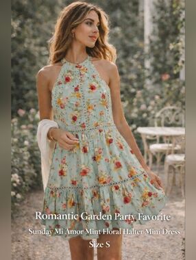 Soft Feminine Cottagecore Mint Floral Halter Dress Size S
